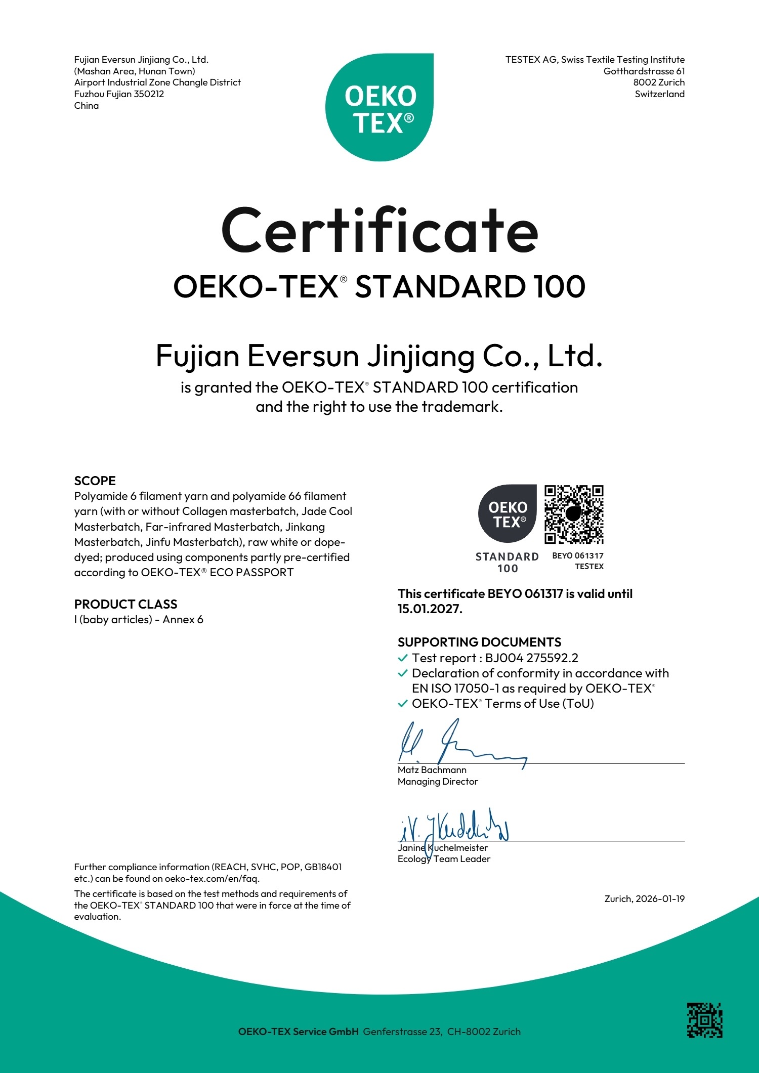 OEKO-TEX Standard 100 certificate for Fujian Eversun Jinjiang Co., Ltd.